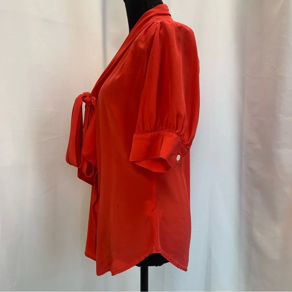 Fifteen Twenty blood orange red tie neck 100% silk blouse Sz L - Picture 5 of 11